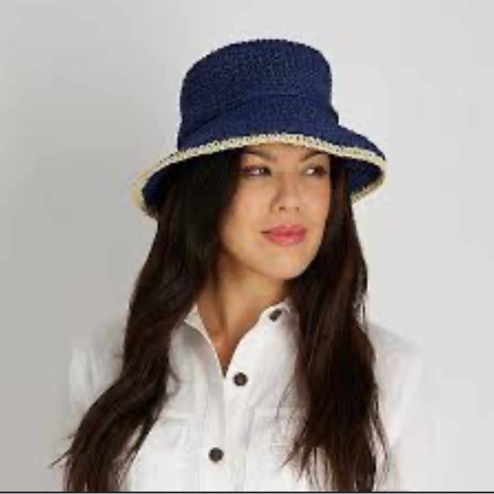 Women's Draper James Crochet Cloche Hat with Beaded Band Blue White Trim
